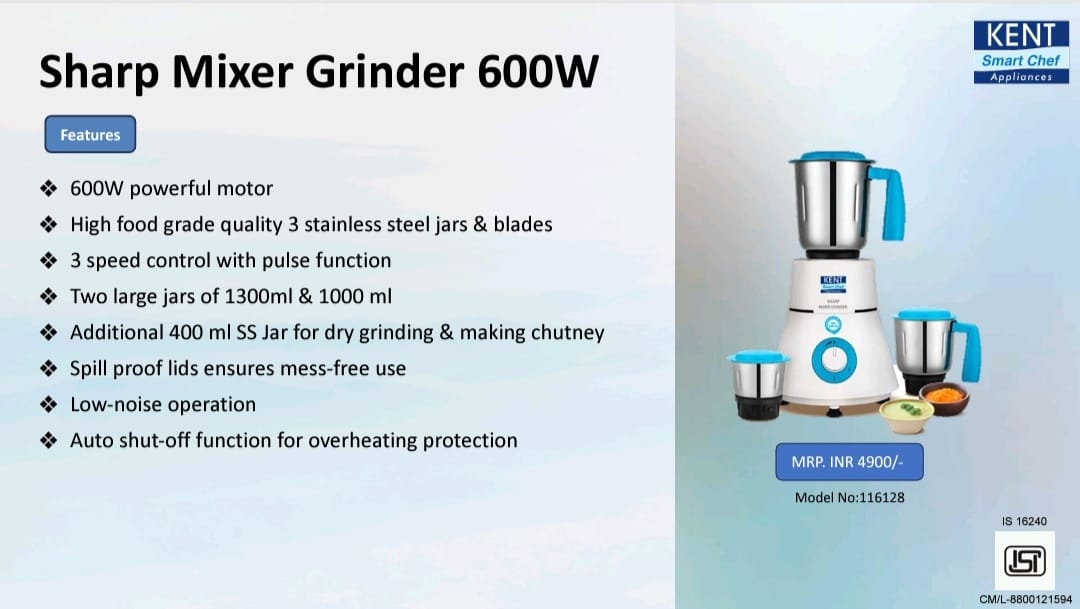 kent sharp mixer grinder 600 w